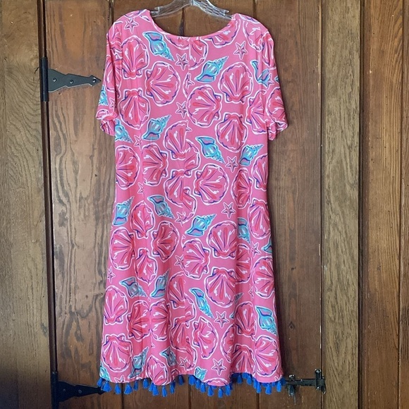 Simply Southern Tassel Hem S/S Pink Aqua Sea Shell AOP Scoop Neck Size LARGE - Picture 6 of 8